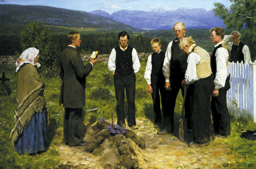 Maleriet «En bondebegravelse»: Erik Werenskjolds maleri fra 1885. som beskriver en landlig begravelse mot slutten av 1800-tallet.