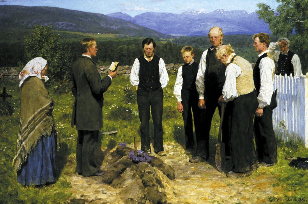 Maleriet «En bondebegravelse»: Erik Werenskjolds maleri fra 1885. som beskriver en landlig begravelse mot slutten av 1800-tallet. Maleriet «En bondebegravelse»: Erik Werenskjolds maleri fra 1885. som beskriver en landlig begravelse mot slutten av 1800-tallet.