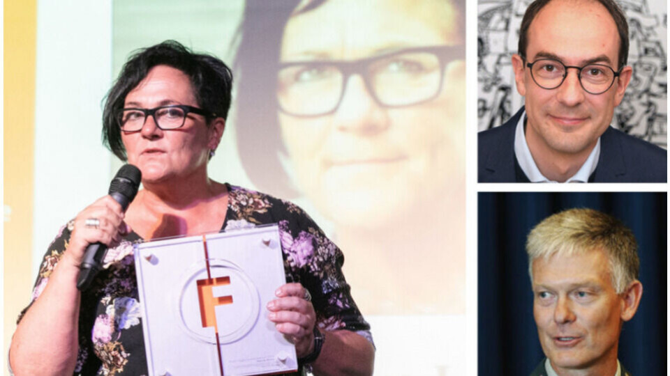 Tove Lie, redaktør i Khrono, Stian Eisenträger, redaktør i Forsvarets forum, og Forsvaret ved brigader Arne Opperud. Foto: NTB, Forsvarets forum og Forsvaret.
