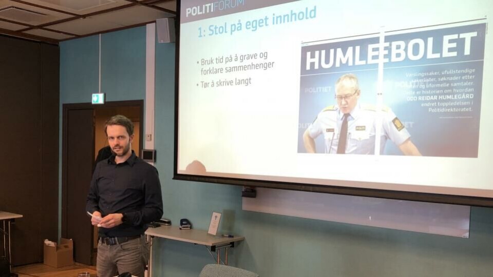 Redaktør Erik Inderhaug, her på PUFF-konferansen i 2018, slapp fellelse i PFU onsdag. Politiforum var innklaget for dekning av politivold på Kongsberg. (Foto: BN).