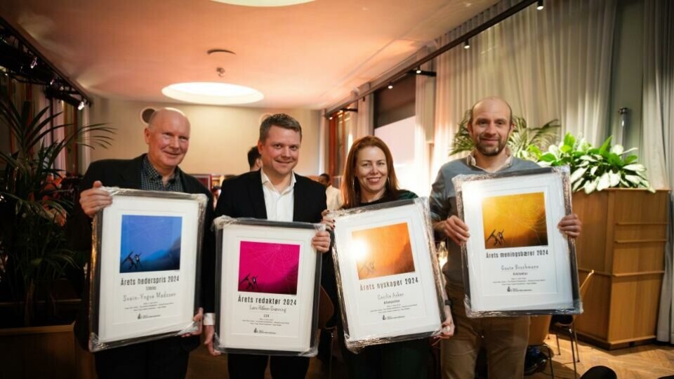 Her er årets redaktører i Oslo og Akershus: Svein-Yngve Madssen (LO Media), Lars Håkon Grønning (E24), Cecilie Asker (Aftenposten) og Gaute Brochmann (Arkitektur). Foto: Petter Berntsen, NTB.