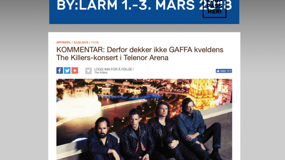 Musikkmagasinet GAFFA.no boikottet konserten med The Killers i forrige uke grunnet fotoforbudet. (Skjermdump fra kommentaren på GAFFA.no)