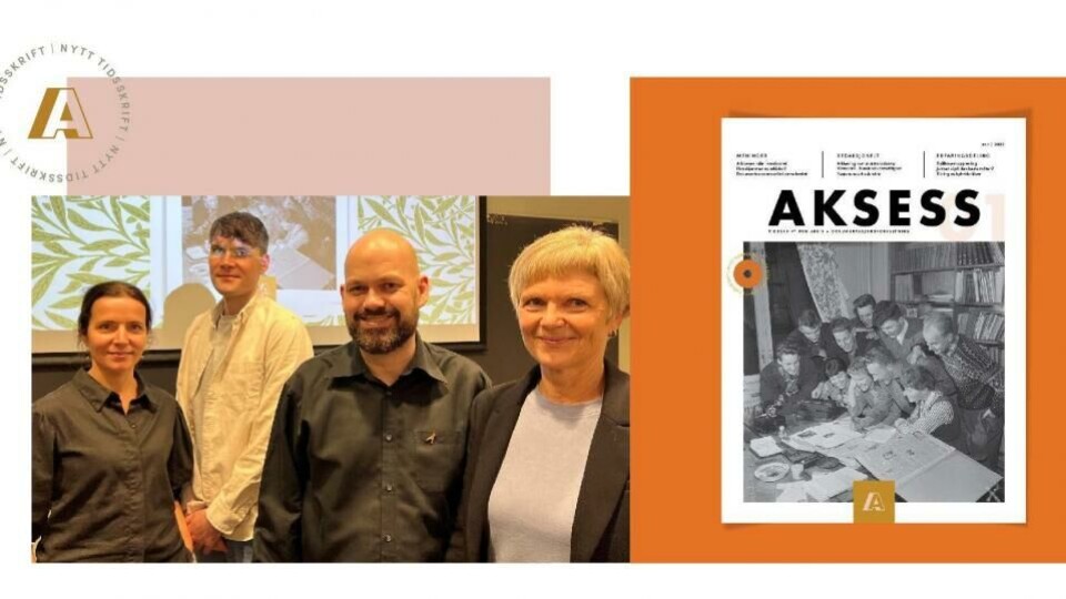 Arbeidsgruppen bak AKSESS fotografert på lanseringen 10. november 2022. Fra venstre ser vi Heidi Meen (Vestfoldarkivet), Knut Kjosås (IKA Hordaland), Kjetil Landrog (Arkivforbundet) og Mette Hvål (IKA Kongsberg). Forsidebildet på første utgave viser Hammersborg fritidsklubb som i november 1955 laget avis for Morgenposten. (Foto Engesland og Fjørtoft, Billedbladet NÅ, Riksarkivet.) Design: Jeanette Karlsen.