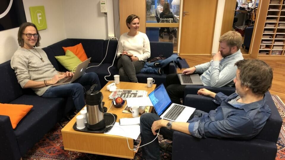 Gruppearbeid med utvikling av graveideer – fra venstre Torgeir W. Skancke, Jakt & Fiske; Andrea Rognstrand og Tarjei Kramviken, Forsvarets forum og Leif Ø. Haug, Jakt & Fiske. (Foto: BN).