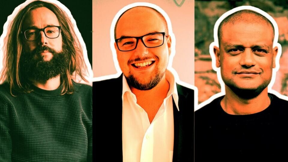 Redaktørene Harald S. Klungtveit, Erik Waatland og Lucas H. Weldeghebriel. Noen er gladere enn andre. (Foto: Marte Vike Arnesen, Eira Lie Jor / Medier24 og Shifter).