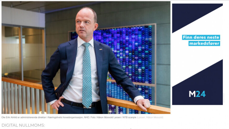 NHO har også levert en høringsuttalelse som er svært kritisk til forslaget om å knytte digitalt mva-fritak til papirutgaver for fagmedier. (Skjermdump fra Medier24).