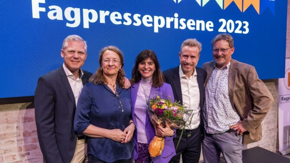 Juryen ved Fagpresseprisene 2023 besto av fra venstre Lars Kristiansen, NRK; Ida Grieg Riisnæs, DN, juryleder Kjersti Løken Stavrum, Stiftelsen Tinius; Kristoffer Egeberg, Faktisk.no og Gunnar Zachrisen, Panorama Nyheter. Monica Strømdahl, Aftenposten og Nina Thorvaldsen, MAGNA var bortreist på jobb og er derfor ikke med på bildet. (Foto: Frederik Ringnes/NTB).