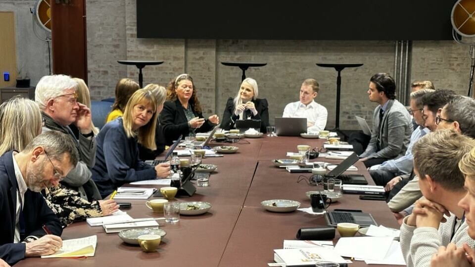 Familie- og kulturkomiteen var nesten fulltallig til frokost med medieorganisasjonene i Pressens hus onsdag morgen. Her er SVs Kathy Lie i gang med et resonnement, til høyre for henne ved bordenden sitter Åslaug Sem-Jacobsen og rådgiver Øyvind L. Christiansen fra Sp. (Foto: Reidun Kjelling Nybø).