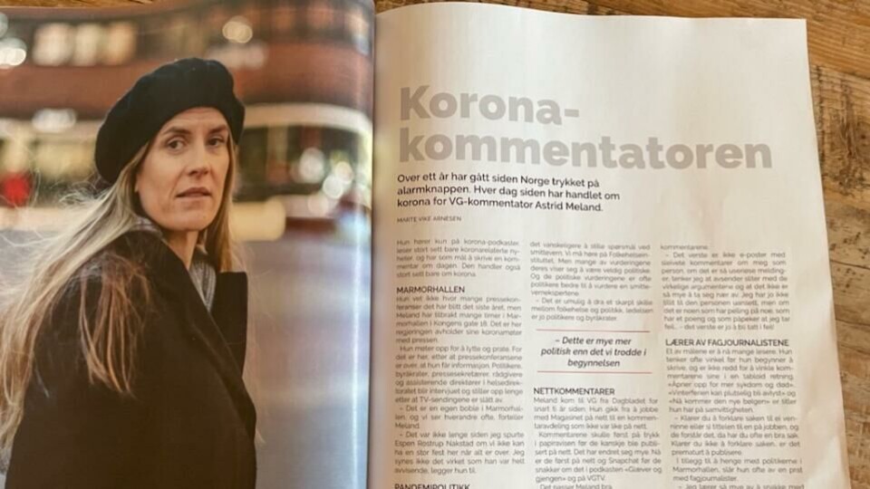 VG-kommentator Astrid Meland snakker ofte med journalister i fagpressen. – Jeg lærer mye av å snakke med journalister som jobber i fagblader, sier Meland i et intervju med Journalisten som står i den ferske papirutgaven. (Avfotografert oppslag i Journalisten).
