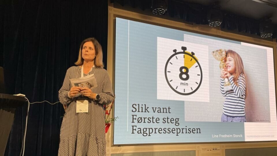 Line Fredheim Storvik presenterte oppskriften på å vinne Fagpresseprisen – slik Første steg gjorde det i 2023. (Foto: BN).