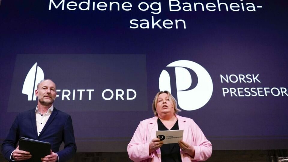 Fritt Ords Knut Olav Åmås og Elin Floberghagen i Norsk Presseforbund. Foto: Gorm Kallestad, NTB.