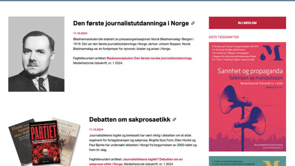 Mediehistorisk forening – skjermdump fra fronten til Mediehistorisk tidsskrift.