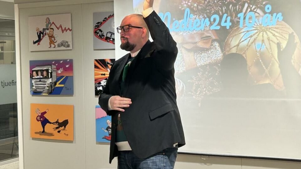 Sjefredaktør Erik Waatland snakket om 'Rakettvekst og et slag i magen' da han holdt dagens tale ved feiringen av de første ti årene i Medier24, tirsdag morgen. (Foto: Kjartan Tyvand).