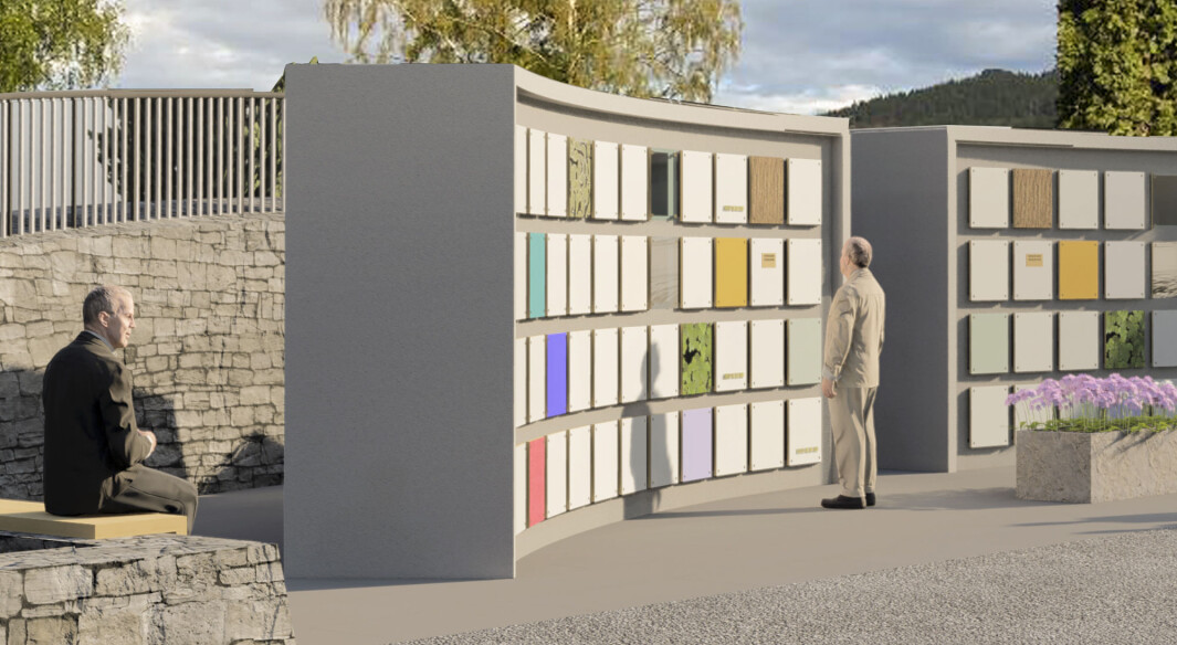 Urneveggen i Notodden slik Sør Arkitekter har illustrert den. Nå er den under oppføring. Urneveggen i Notodden slik Sør Arkitekter har illustrert den. Nå er den under oppføring.